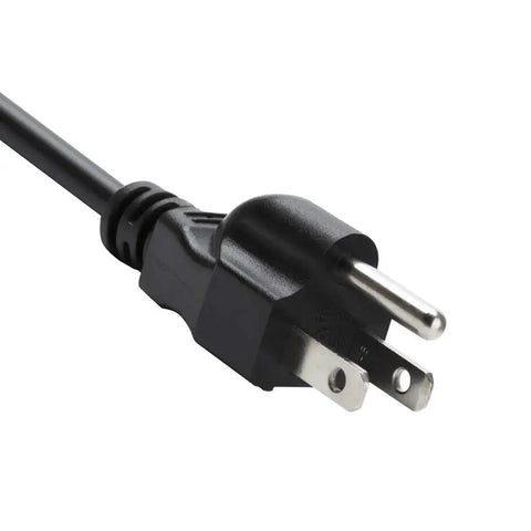 Close-up of NEMA 5-15P plug end of Beefy 6 Foot 18 AWG 3 Prong Power Cord For Appliances Open End SJT Cable, black