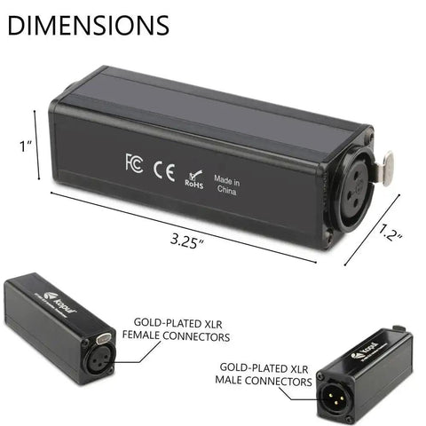 XLR Passive Isolation Transformer For Studio Home And Stage Use Eliminates Ground Loop Hum And Noise With Balanced And Unbalanced Input Output Gold Plated Connectors Pro Grade Gear For Clean Signal On Any Rig showing connectors and dimensions