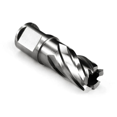 Heavy Duty Annular Cutter For Magnetic Drill Press OSCARBIDE With Pilot Pin Eleven Sixteenth Inch Cutting Diameter And One Inch Depth Of Cut Three Quarters Inch Weldon Shank Two Flats Magnetic Drill Bit For Faster Holes Go To Tool One Piece close-up view of the cutter with sharp flutes and shank.