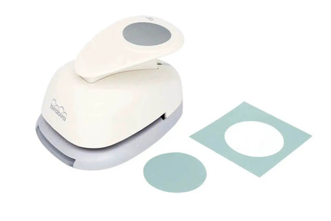 1.5 Inch Circle Lever Action Craft Punch for Paper Crafting Scrapbooking Cards, shown with cut circle and paper example
