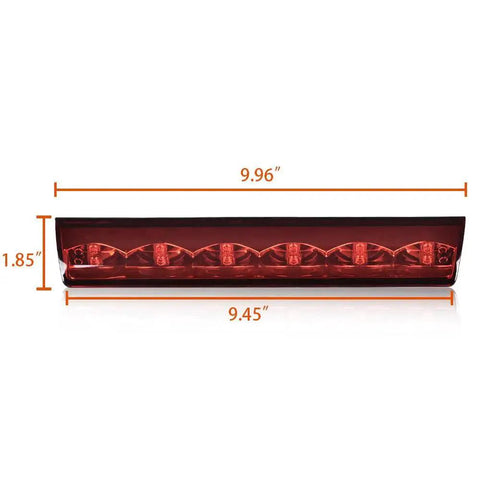 G-PLUS red LED third brake light with chrome housing; about 9.5 in wide and 1.85 in tall; fits Leer/ARE/Century/Jason/Astro truck caps