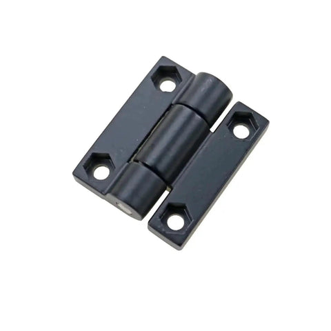 Angled front view of a black zinc-alloy square torque-damping hinge with two mounting plates, 1 piece