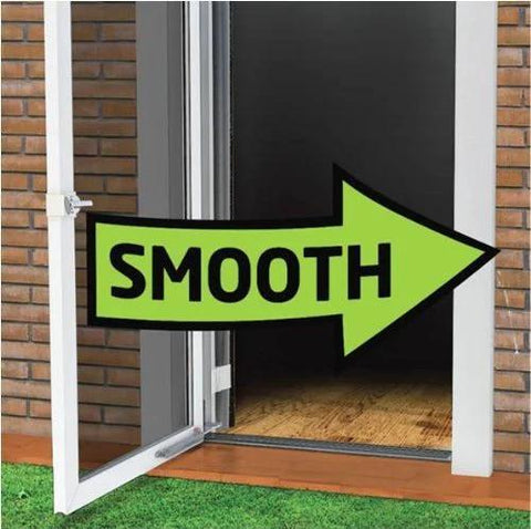Touch n Hold Smooth Dual Door Closer System white storm door open with a large green SMOOTH arrow overlay