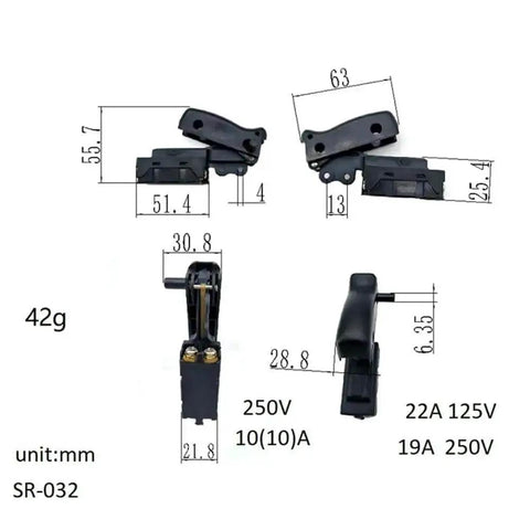 Heavy Duty Push Button Trigger Switch For Angle Grinders And Polishers AC250V 10A High Current Replacement Part SR032 with dimensions