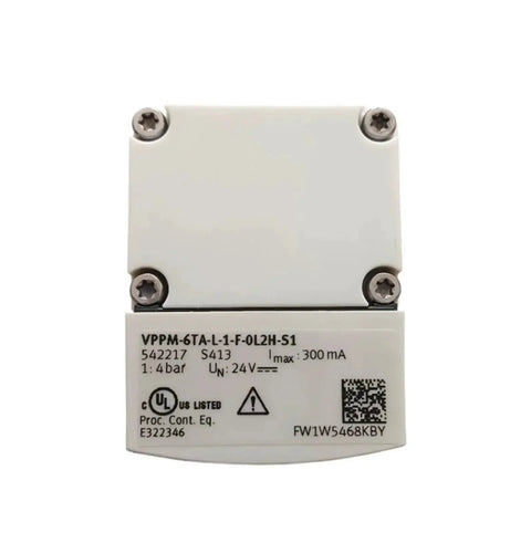 Front view of white electric proportional valve module, model VPPM-6TA-L-1-F-0L2H-S1, with four corner screws.