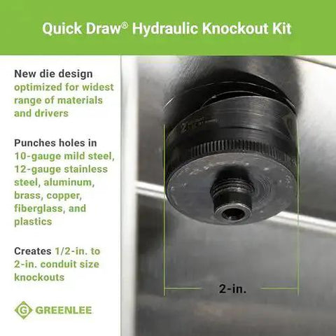 2-inch punch in use from 8 Ton Hydraulic Knockout Punch Kit With Quick Draw Driver for metal, stainless steel, aluminum, and plastic