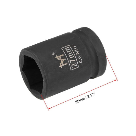 Three Quarter Inch Drive Six Point Shallow Impact Socket 27mm With Radius Corner Design CrMo Steel Built For High Torque Tools Heavy Duty 55mm Length Overall