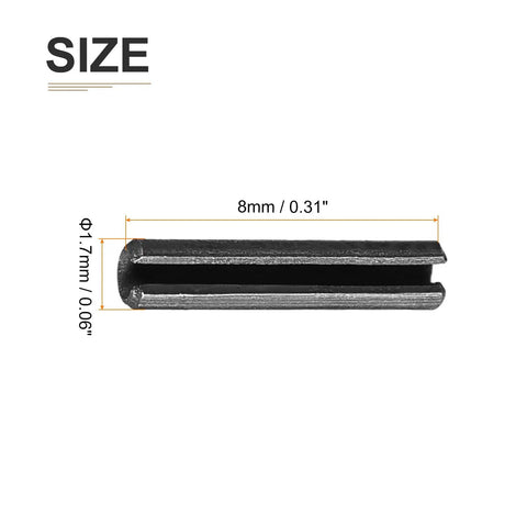 Slotted Spring Pins 1.7mm X 8mm Black 30 Pack Carbon Steel Roll Dowel Tension Pins, side view with measurements