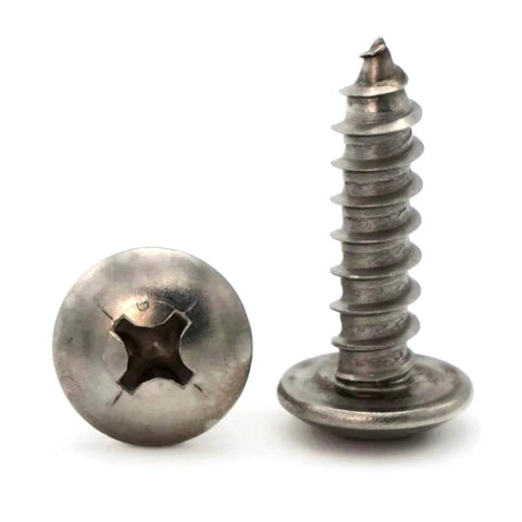 Front view of Number 10 Phillips Truss Head Sheet Metal Screws 316 Stainless Steel 1 Inch Length Built Tough For Marine And Harsh Environments Ideal For Attaching Metal Hardware To Wood Plastic Rust Resistant Pack Of 100.