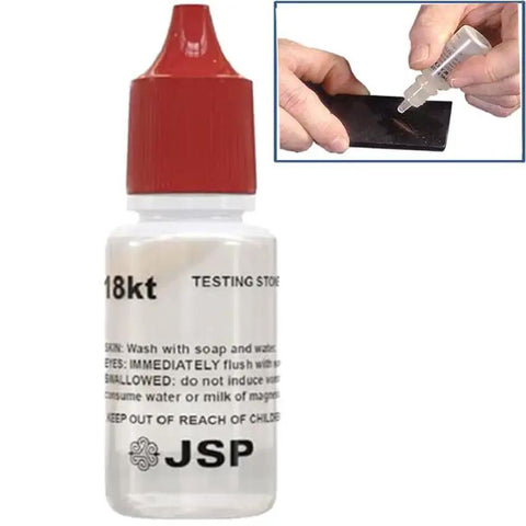 18K Gold Testing Solution Purity Determiner For Jewelry And Scrap Metal Quick Karat Test To Verify Gold Content In Jewelry Coins Bars And Scrap Easy Drop Test With Instant Results Made In USA with bottle and dropper application.