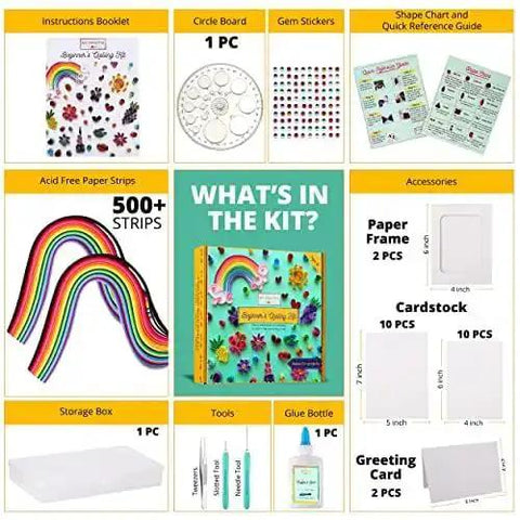 Beginner Quilling Kit For Kids And Adults With Tools, Easy Step By Step Instructions, Handy Storage Box, and DIY Paper Quilling Bundle contents