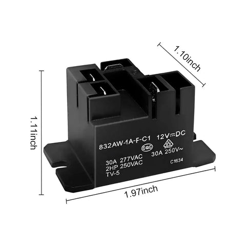 12V DC 30 Amp 4 Pin General Purpose Heavy Duty Power Relay for Industrial and Automotive Loads, front view with dimensions