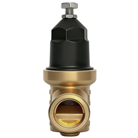 NR3XLDU water pressure reducing valve, brass body with black adjustment cap, Amazon, double union FNPT