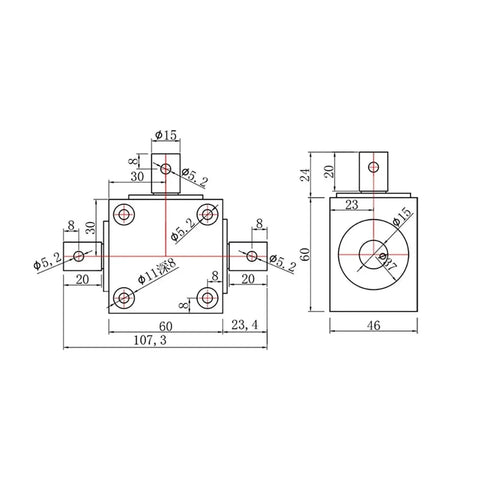 Technical diagram of Horizontal Right Angle Gearbox Shaft One Point Five Module Ninety Degree Drive With One To One Gear Ratio and measurements