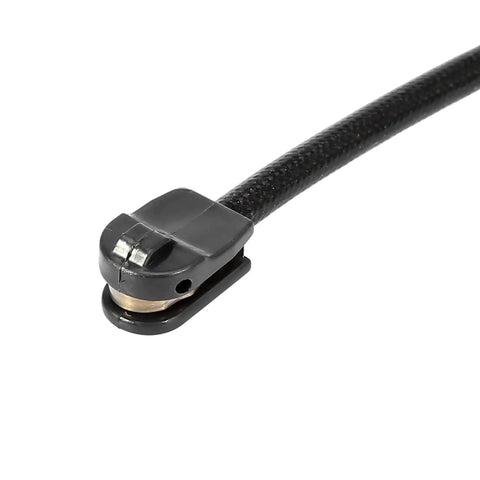 Close-up of black brake pad wear sensor with braided cable and metal contact