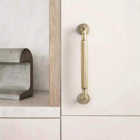 Champagne Bronze Reeded Cabinet Pulls Six Pack 5 Inch Sleek Modern Textured Drawer Handles With Fluted Grip And Round Rosette Base