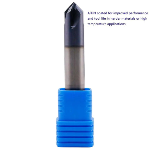 Rugged Solid Carbide End Mill For Chamfering With AlTiN Coating, Double End, Four Flute, Ninety Degree Chamfer, Three Eighths Inch Cutting Diameter