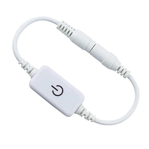Compact Dimmable Touch Switch for Single Color LED Cabinet Lights With Antislip Coating, showing white minimalist design with power symbol.