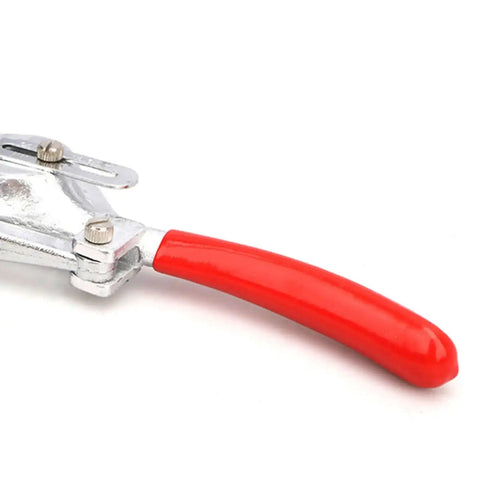 Close-up of handle from Beefy Heavy Duty Hand Held Power Hole Punch Set for Sheet Metal, red grip, chrome vanadium steel