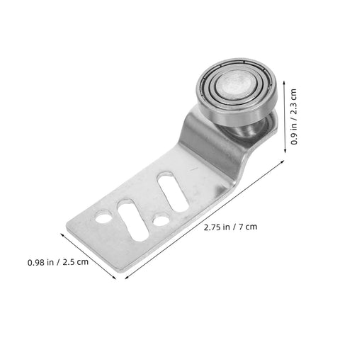 Close-up of Beefy Stainless Steel Sliding Door Pulley Kit with track mounted roller, dimensions displayed, ideal for industrial use.