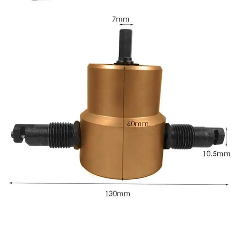 Double Headed Sheet Metal Nibbler Cutter With Adjustable 360 Degree Heads, Three Color Set, front view dimensions shown