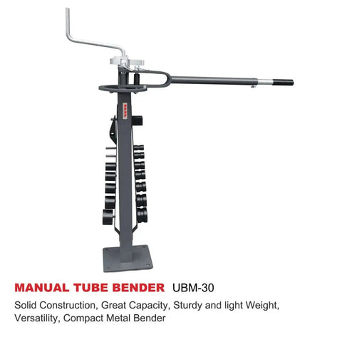 Floor Type Compact Metal Bender With 38 Inch Stand And Large Base Plate 14 Dies UBM 30 for bending metals in workshops and mobile use.