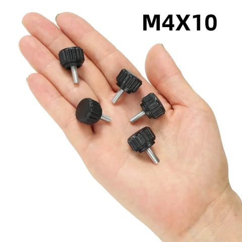 Hand holding 20 Pack M4 By 10mm Knurled Thumbscrews For VESA Mounts And Monitors, Carbon Steel Clamping Knobs, close-up view.