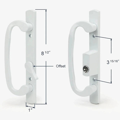 Keyed Sliding Patio Door Handle Set For Legacy And Sash Controls Fits P N 2265 With Forty Five Degree Keyway Without Mortise Lock Three Fifteen Sixteen Inch Hole Centers Non Handed White Diecast B Position For Doors One And A Half To Two Inches Thick