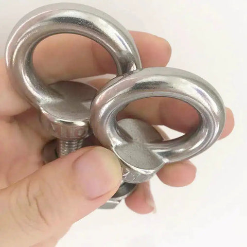 Close-up of two Shoulder Eye Bolt M10 304 Stainless Steel Heavy Duty Eye Bolts with Washer and Nuts for indoor and outdoor use.