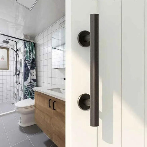 10 Inch Sliding Barn Door Handles And Pulls, Double Sided Hardware Set With Flat Bottom Plate Design In Rustic Black