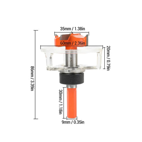 Side view of a 35mm Concealed Hinge Jig Drill Guide Set For Woodworking Hinges with transparent dust cover and measurement details.
