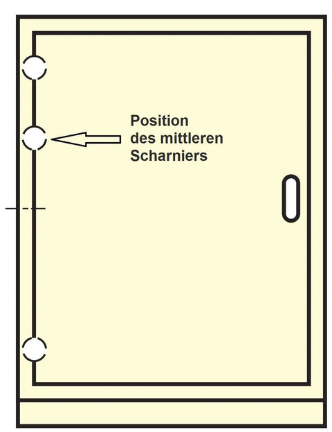 Illustration of hinge positions on a door for Invisible Zamak Cross Hinge Set Concealed 180 Degree Hinge, in German.