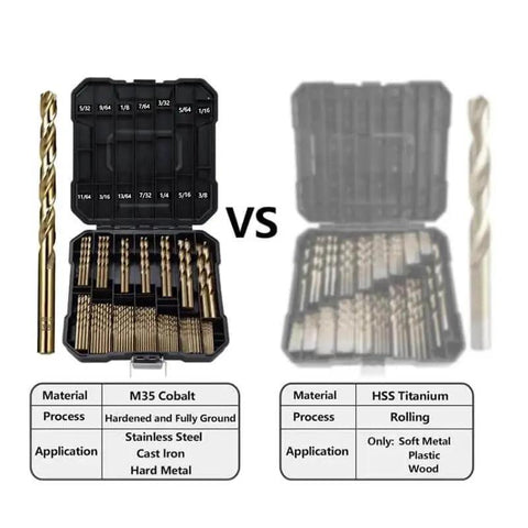 Heavy Duty Pro Grade Cobalt Drill Bit Set For Hardened Metal And Stainless Steel With 99 Pc M35 High Speed Steel Twist Jobber Bits One Sixteenth Inch To Three Eighths Inch In A Durable Plastic Index Case By Sinyeenglon, with comparison to HSS titanium set