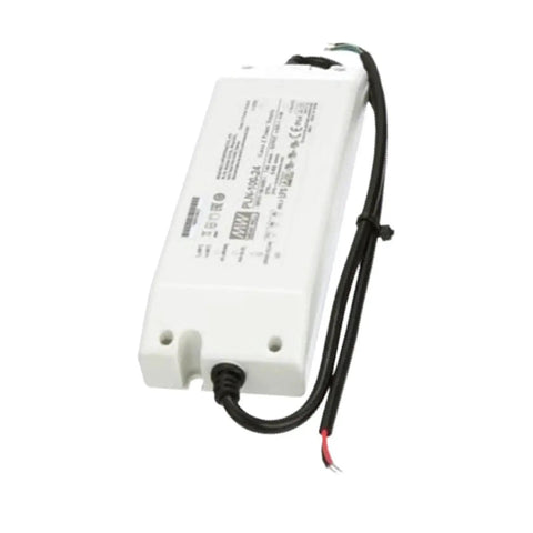 PLN-100-24 24V 4A 96W LED Driver Power Supply With PFC in IP64 plastic case, front view with wires visible, for LED lighting