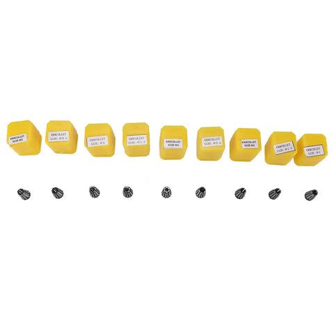 ER8 Collet Chuck Set 9 Piece for CNC Engraving Machines with labeled yellow cases and multiple size collets on white background