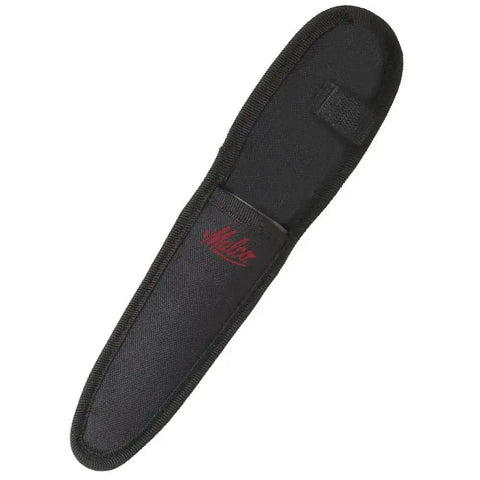 Puncture resistant nylon sheath for double sided duct knife with smooth and serrated edges includes Velcro strap, black color.