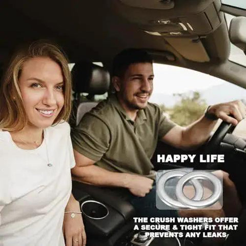 Couple in car with inset of 20 Pack Aluminum Drain Plug Washers For Honda Transmission Fluid And Rear Differential Replacement 18mm And 20mm Crush Gasket Seals 10 Pieces Each Compatible With Civic Accord Odyssey CRV Pilot 9047 PX4000 94109 2000.