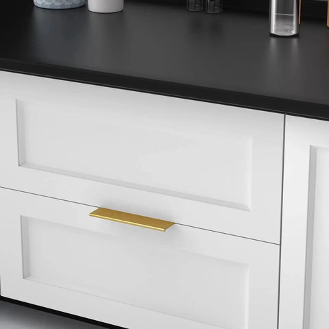 Champagne Gold Drawer Edge Pulls 30 Pack Aluminum Finger Pull Handles on white cabinet, 6-1/4 Inch Hole Center, 7-1/2 Inch Total Length