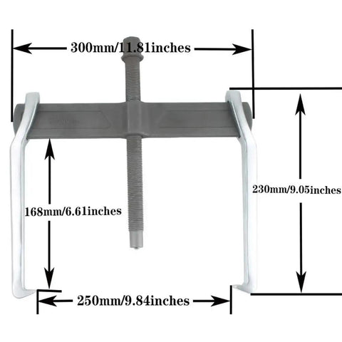 12 Inch Two Jaw Gear Puller With Reversible Claws For Pulley Flywheel And Bearing Removal, highlighting dimensions and steel construction.