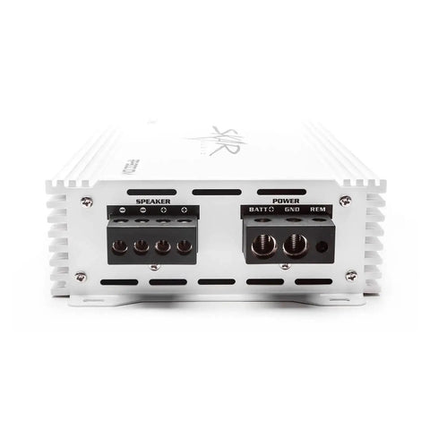 Back view of 800 Watt Monoblock Class D Marine Subwoofer Amplifier with connections, waterproof coating, and rust proof case.