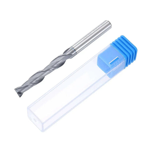 Spiral Router Bit For CNC Wood Carving And Engraving With Up Cut Two Flute Solid Carbide End Mill Quarter Inch Shank One And A Half Inch Cut Length AlTiN Coated Harfington shown with blue-capped case.