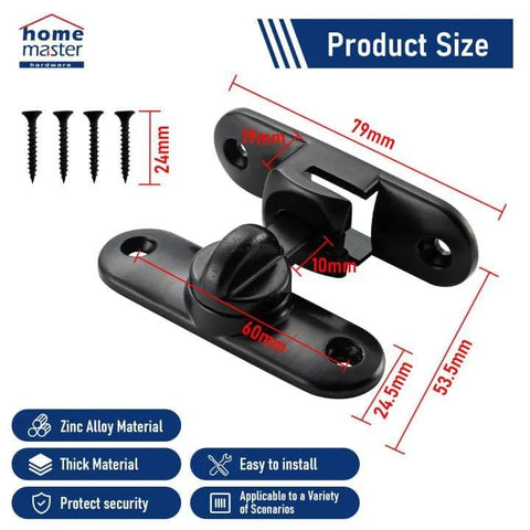 Crazy Tough Heavy Duty Black Barn Door Lock with 90 and 180 Degree Flip Latch, Zinc Alloy, shown with dimensions and screws