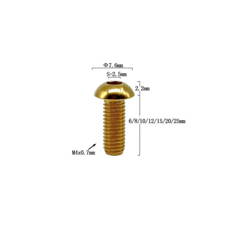 Titanium Button Head Hex Socket Cap Screws M4x10mm ISO7380 Ti6Al4V GR5 Aviation Grade with measurements and gold finish.