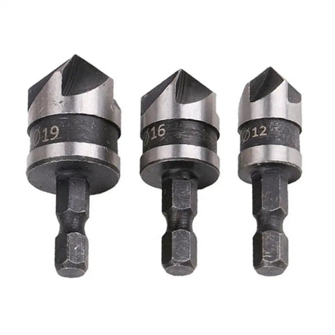 Three Piece Countersink Chamfer Drill Bit Set With One Quarter Inch Hex Shank 90 Degree Chamfer Five Flute Fast Cutting For Wood And Metal Quick Change Bits Includes 12mm 16mm And 19mm Sizes