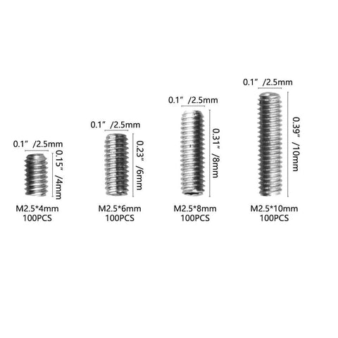 Huge 400 Piece M2.5 By Four, Six, Eight And Ten Millimeter A2-70 Stainless Steel Cup Point Grub Screws Set With Allen Head Hex Socket Assortment Kit DIN916 GB80 For DIY Projects, showing various sizes of screws