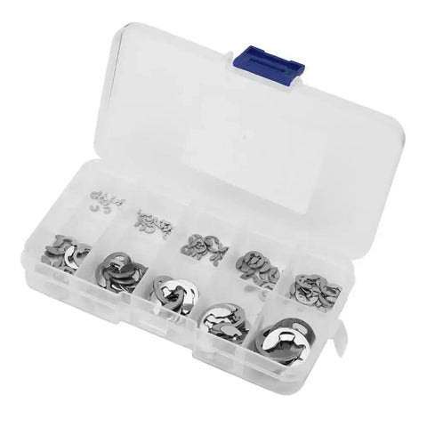 Open box of 304 Stainless Steel E Clip Snap Ring Set 200 Pcs Kit With 20 Sizes From 1.5mm To 10mm For Shaft Groove Retaining Rings