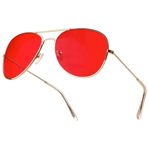 Women Aviator Sunglasses With Gold Red Tint Lenses Durable Metal Wire Frame Police Inspired Style Cool Fashion Accessory For Women Baddie Vibe Halloween Costume Ready, side view.