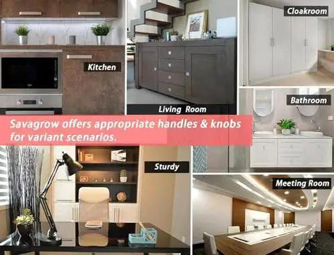 Image showcasing various rooms with cabinet handles and knobs, including kitchen, living room, cloakroom, bathroom, study, and meeting room.