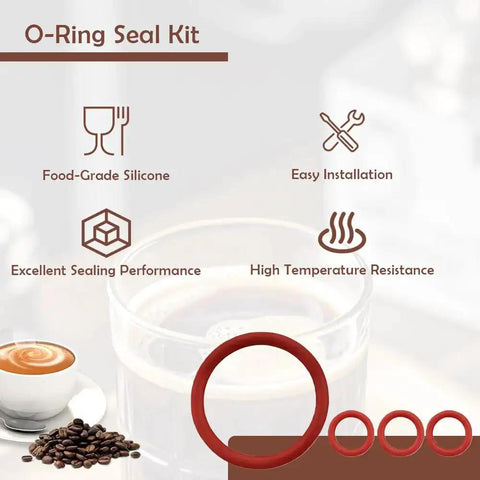 Infographic of 30 Piece Silicone O Ring Kit for Espresso Machines, highlighting features like food-grade silicone and high temp resistance