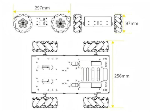 Technical drawing of 4WD Mecanum Robot Chassis Kit With Encoder Geared Motors And Large Metal Bracket for Arduino Raspberry Pi Jetson and ROS Projects